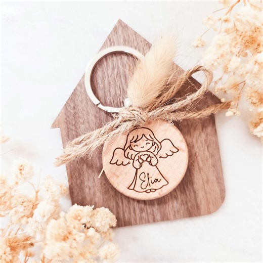 Personalized Guardian Angel Keychain | Gift for Baptism, Communion, Confirmation and Driving License | Wooden Pendant - Etsy