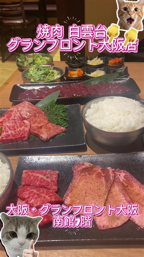 こんにちは(￣Д￣)ﾉ 今日は大阪・梅田周辺でぶらりグルメ〜 友達と大阪・梅田をぶらり歩きした後、 優雅なグランフロントビルで豪華絢爛なランチでも食べましょうかね！？コチラ #焼肉白雲台グランフロント大阪店 さん (大阪府大阪市北区大深町4-20 グランフロント大阪 南館 7F) 梅田駅直ぐのグランフロント南館の7階にありましたよ ココは鶴橋で有名な焼肉屋さんですよね。 ちょっと期待しております(((期▽待)))ﾜｸﾜｸ それでは早速、お邪魔ンボ(=ﾟωﾟ)ﾉしますよ。 店内は広い空間で奥に続いています。 ゆったり座れるテーブル席に_( ˙꒳​˙ _ )ﾁｮｺﾝ 注文は、スマホから出来るみたいですね。 ランチメニューは黄金カルビ定食1500円から高級なコースまで各種様々なメニューがありますよ。 今回はちょいリッチなランチメニューにしよかな!? 薄切りタン・国産牛定食と上撰焼肉定食にしますよ。 おっご飯は大盛り無料だね。レバーも好きな2人だからレバーも注文。あと、生ビールとウーロン茶も頂き、(￣(ｴ)￣)ﾉ∀✩°∀ヽ(￣(ｴ)￣) 鉄板に火入れされ、定食が来ましたよ。 綺麗なサシ入ったお