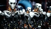 The camera flies past a detachment of robot soldiers on a spaceship....