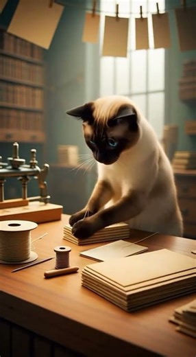 A Siamese Cat – is working as a Bookbinder