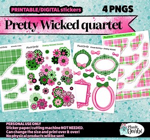 Printable Planner Stickers: Wicked Lucky Set of 4 Pngs, Pink & Green, Blooms, Scraps, Planner Boxes, Ephemera, Frames, Flowers, Plaid - Etsy
