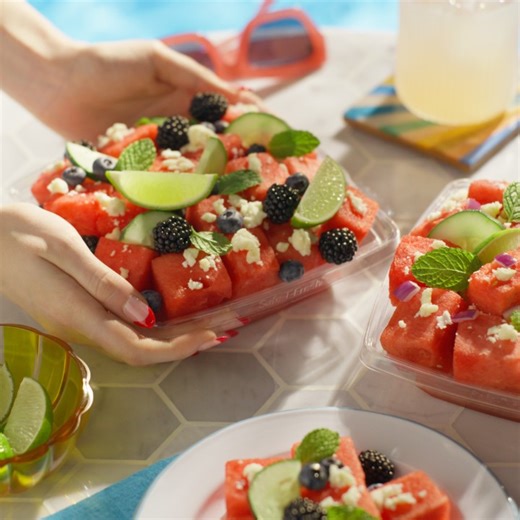There’s nothing like soaking up some sun while enjoying our cool summer fruit salads.☀ They’re a refreshing fusion that includes in-season watermelon, crumbled feta, and mint. | Publix