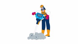 Female road construction worker with jackhammer cartoon animation. 4K...
