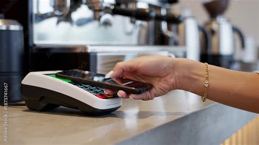 Woman making contactless payment at a coffee shop counter.