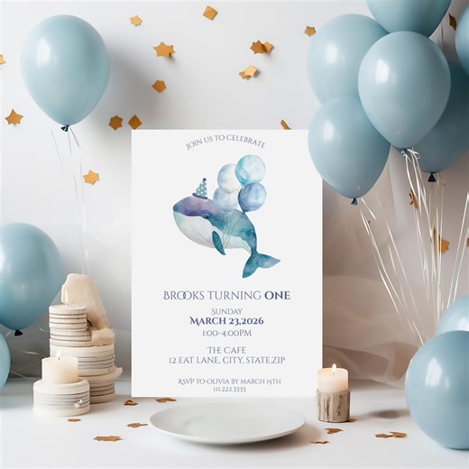 Whale First Birthday Invitation Template, 5x7 Digital Download, We Edit for You Add-on Available - Etsy