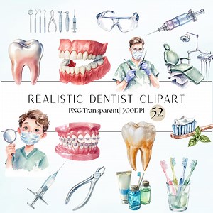 52 Watercolor Dentist Clipart: Dental Tools - Teeth Illustrations (transparent PNG) - Etsy