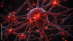 Neuron cells. Detailed neuronal network with illuminated connections, highlighting synaptic transmission. Complexity of the human nervous system