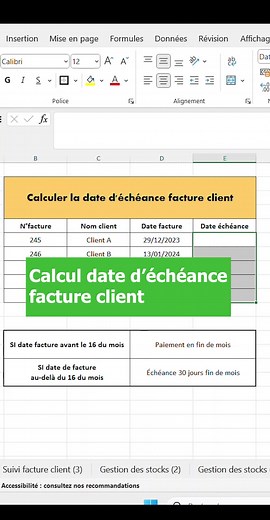 Calculer l'échéance d'une facture client #entrepreneurship #entrepreneur #entrepreneuriat #finances #factures #échéance #écheances #factureclient #excel #excelfr #excelfrancais #excelfrance #tableau #tableurexcel #client #facture #paiement