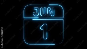 Neon calendar page displays June first with glowing blue lines on black background abstract date reminder concept Stock Video
