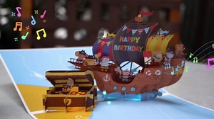 Birthday Cards for Boys, Pop Up Birthday Card with Music & Lights, Blowable LED Candle Birthdays Cards for 2/3/4/5/6/7/8 Years Old Boys, Kids, Sons, Grandchildren - Ship Treasure Chest