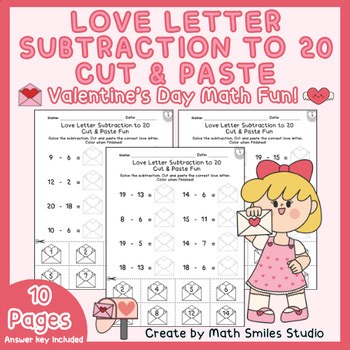 Love Letter Subtraction to 20 Cut & Paste Valentine Math Activity 1st-2nd Grade