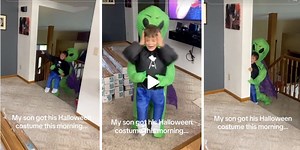 Kid in an alien abduction Halloween costume gives a horrifyingly convincing performance