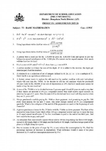 1 PUC - BASIC MATHEMATICS ASSIGNMENT 2025-26 #banglore #mafem #trshetty #basicmathematicsassignment