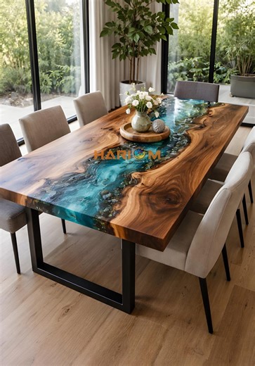 Walnut Live Edge River Dining Table, Blue Ocean Resin Slab Furniture - Etsy