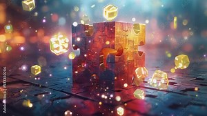 Solving a mysterious puzzle cube made of smaller pieces, representing problem solving and strategy. Evokes complexity and interconnected ideas