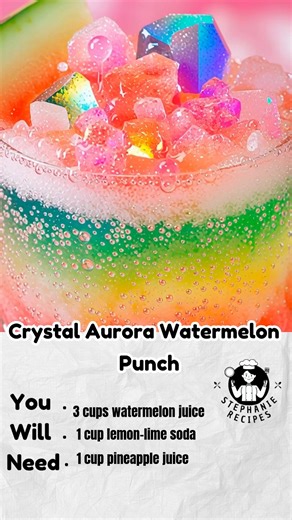 **Crystal Aurora Watermelon Punch** **Ingredients** * 3 cups watermelon juice (blended and strained fresh watermelon) * 1 cup lemon-lime soda * 1 cup pineapple juice * 2 tbsp lime juice * A few drops pink or red food coloring (optional, to boost color) * A few drops blue food coloring (for aurora swirl effect) * Edible shimmer or edible glitter * Ice cubes **Instructions** 1. In a large clear pitcher, combine watermelon juice, pineapple juice, and lime juice. 2. Stir in lemon-lime soda gently to