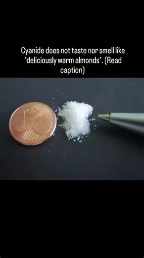 @miyozakhi on Instagram: "The most common toxin that’s used for a variety of purpose, including malignant ones such as assassination or suicide is Potassium Cyanide , and only when you dampen it slightly with water and promote hydrolysis, thus producing Hydrogen Cyanide the actual poison that’ll kill you when you ingest KCN - that it’ll begin to smell faintly of bitter almond. The ability to smell this is genetic - some do, some don’t, most just describe it as ‘Bitter’. And when it comes to tast