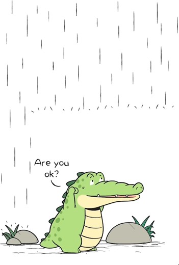 Oh no, it's raining! • Story and illustration by Chow Hon Lam. #BuddyGator #positivevibes #heartwarming #Comics #漫畫 #aww #挿し絵 #Alligator #cute #Gator #comic #animals #comicstrips #rainydays #rain | Buddy Gator