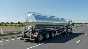 Stainless steel tanker truck transports liquid cargo on highway, showcasing industrial logistics and freight transportation