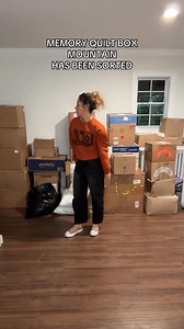 QUILT BOX MTN HAS BEEN CONCURRED aka organized 😆📦 Each box has been named, dated, and stacked in the order that I received them! And whew… it feels good to have that all handled 🏔️ #wildthing #boxesonboxes #memoryquilts #comingsoon | Lala Sewz