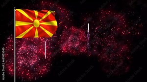 North Macedonia Flag Background with flagpole and fireworks. Macedonia Flag Waving animation, great for Macedonia National Day, Independence Day, New Year and more Macedonia event. Loop waving flag