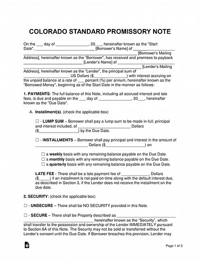 Colorado Promissory Note Template
