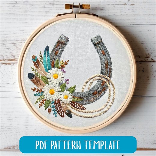 Horseshoe Embroidery Pattern, Western Floral Feather Design (PDF Download) - Etsy