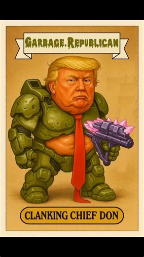 Garbage.Republican on Instagram: "🎮🖼️ Trump + HALO: after the White House Master Chief meme, the guy who buys his own portraits spawns as Clanking Chief and holds the Needler backward. 🔥 Ringworld Mar-a-Lago kickoff, tie dragging, armor clanking. 💥 Pink shards bounce off his own shield while he calls it tactical genius. 🖼️ The only art he trusts is still himself, glaring from the frame. 🎧 Audio pull: “Beat the Master Chef, easy.” Sound on. ⚠️ Flip the blaster before he teamkills the podium