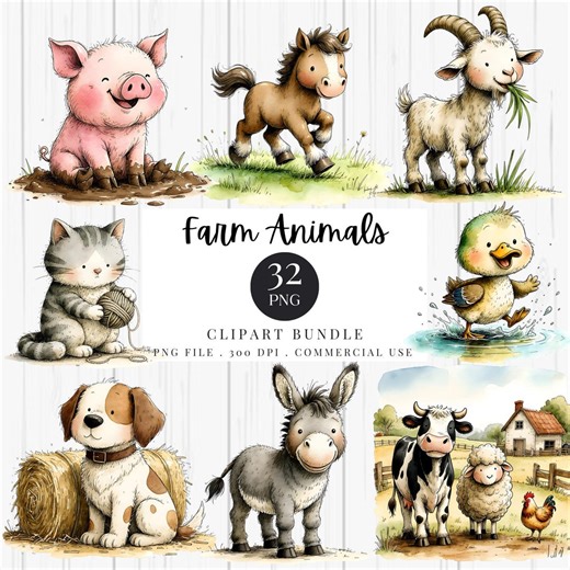 Cute Farm Animals Clipart Bundle, Watercolor Farm Animal PNG, Nursery Animal Illustrations, Commercial Use Graphics - Etsy