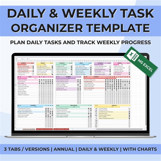 Daily & Weekly Task Organizer Excel | Habit Tracker Spreadsheet | Annual Planner With Charts | Productivity Planner | Excel Template - Etsy Canada