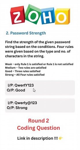 Zoho Round 2 | Password Strength Checker 🔐 | Coding Question Short #coding #correctcoding #zoho