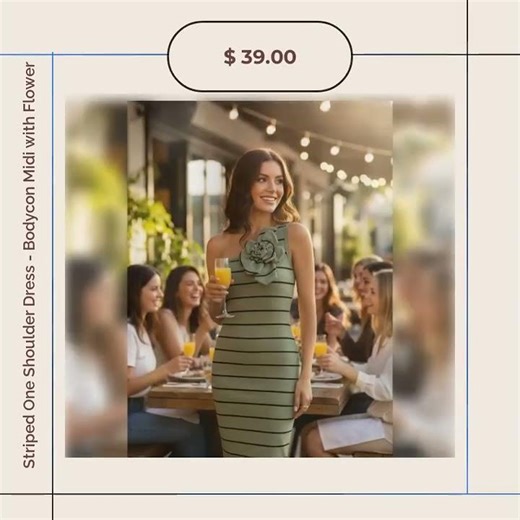Striped One Shoulder Dress - Bodycon Midi with Flower