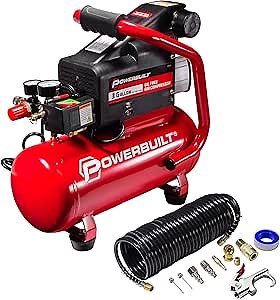Powerbuilt 3 Gallon Air Compressor – 125 PSI, Oil-Free, Quiet Hot Dog Style – Includes 25 Ft. Air Hose & 10-Piece Accessory Kit – 240039