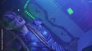 An alien with white eyes and dreadlocks is standing in the spaceship, tilted, 4k