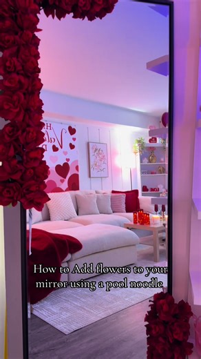 Quick, easy mirror DIY 🌸 Grabbed a pool noodle from @Dollar Tree , cut a slit, slid it right onto the edge of my mirror, then poked fake flowers in until it looked how I wanted. No glue, just scissors! Do the whole mirror or just half it’s YOUR mirror. #diy #mirror #flowers