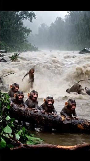 Monkey family is breaking records during severe flooding! 🌊😭 Struggling to survive#animals #wildlife