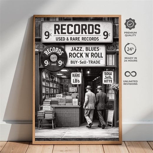 Vintage Record Store Poster, Black White Music Wall Art, Retro Vinyl Print - Etsy