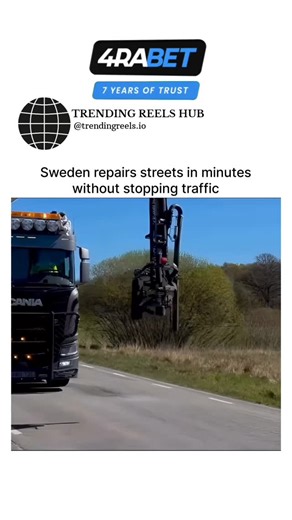 🌍 TRENDING REELS HUB on Instagram: "In Sweden, potholes don’t stand a chance. They’ve developed road repair trucks that fix cracks and potholes in real time without even stopping traffic. Using onboard sensors, the system detects damaged spots, blasts them clean, fills them with asphalt, and seals them all in one smooth, continuous motion. What used to take hours, traffic cones, and frustration now happens in minutes while cars glide past. It’s a glimpse into the future of smart infrastructure
