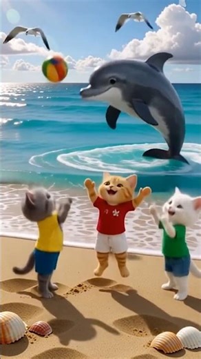 Cats and Dolphin Play Together at the Beach #viral #cat #cartoon #viralshorts #dolphin