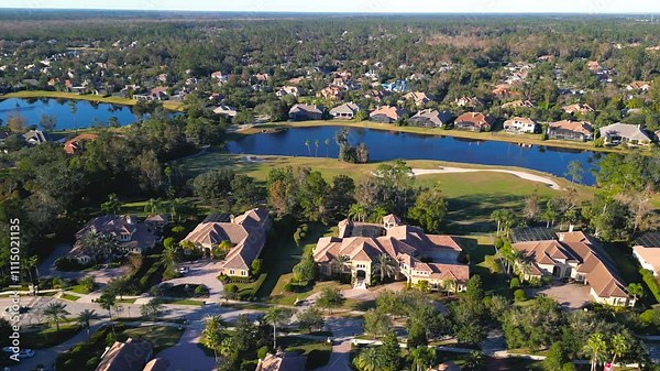 Aerial view of row of ultra luxury homes on the golf course in Lake Mary, Orlando, Florida.