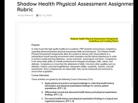Shadow Health Physical Assessment Assignment Guidelines and Grading Rubric