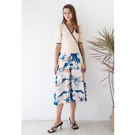 Abstract Floral Print Midi Skirt in Blue