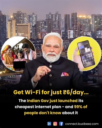 Busibeez on Instagram: "Most people are paying ₹600–₹1,000 every month for Wi-Fi… while a government-backed network is offering plans starting at just ₹6/day in some areas. No contracts. No router. No installation cost. Just → connect → pay → browse. And the surprising part? Almost nobody knows this exists. PM-WANI is India’s mission to make internet access affordable for students, small businesses, rural areas and travellers — with 2.7 lakh+ hotspots already live across India. If you're a stude
