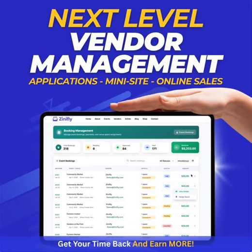 Still buried in vendor applications, emails, and spreadsheets? It is time for next level vendor management. Zinifly automates vendor applications, approvals, payments, and vendor visibility all in one system built specifically for markets, fairs, and festivals. No more chasing paperwork. No more manual tracking. Just a smooth, organized process that saves hours every week. Your vendors apply online. You review and approve in clicks. Everything stays in one place. Run your market with less stress