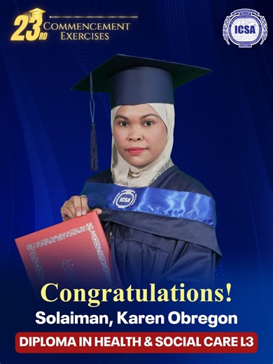 𝐇𝐢𝐠𝐡𝐥𝐢𝐠𝐡𝐭𝐬 🎓: 𝐋𝐞𝐭 𝐌𝐬. 𝗞𝗮𝗿𝗲𝗻 𝗦𝗼𝗹𝗮𝗶𝗺𝗮𝗻’𝐬 𝐒𝐮𝐜𝐜𝐞𝐬𝐬 𝐈𝐧𝐬𝐩𝐢𝐫𝐞 𝐘𝐨𝐮! 🌟 Every dream starts with a single step — and today, she stands as a proud UK Diploma in Health and Social Care Level 3 graduate 🎓 To all our viewers: your goals are within reach. Don’t wait for the “perfect time”— create it. #ICSAYourPartnerinSuccess Message us on WhatsApp: 965 99302850 | ICSA Kuwait