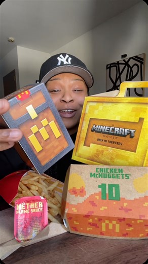 MunchwithDes on Instagram: "Trying the new McDonald’s Minecraft Movie Meal! The meal includes Big Mac or Chicken McNuggets, fries, a drink, and 1 of 6 collectible Minecraft-inspired items (I got Fry Helmet) • Plus, new Nether Flame Sauce! Oh and I got a Strawberry and Cream Pie too! @minecraft @mcdonalds"