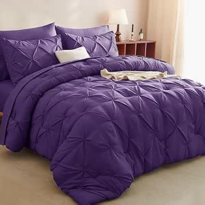 CozyLux Queen Comforter Set Purple, 7 Pieces Pintuck Bed in A Bag, Premium Purple Comforter Queen Size, Pinch Pleat Bedding Sets with Comforter, Sheets, Pillowcases & Shams
