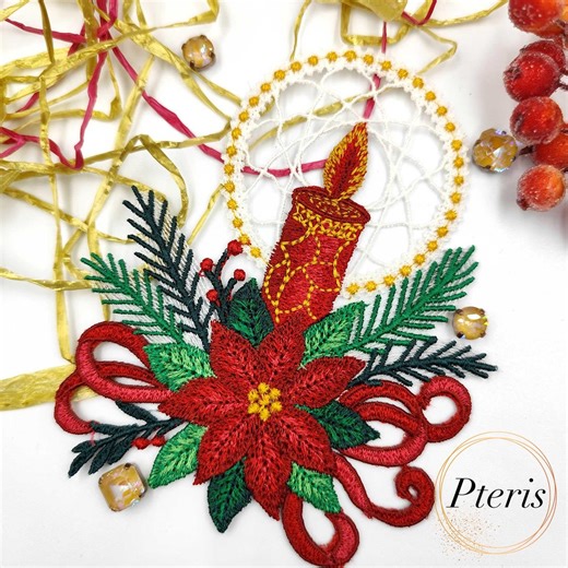 Christmas Candle FSL Embroidery Design: Lace Ornament 4x4, 5x7 Hoops - Etsy