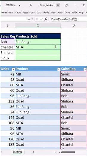 List Products Sold in Cell for Each Sales Rep with Excel Formula. #Short Excel Magic Trick 05