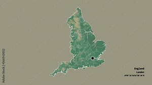 Herefordshire, unitary authority of England, with its capital, localized, outlined and zoomed with informative overlays on a relief map in the Stereographic projection. Animation 3D